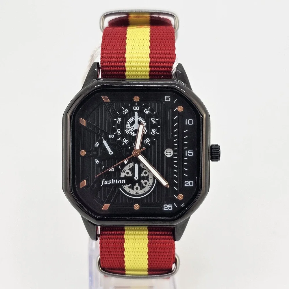Men's Watch 42MM Black Dial Date‎ Indicator Red Yellow Canvas Bands New Battery